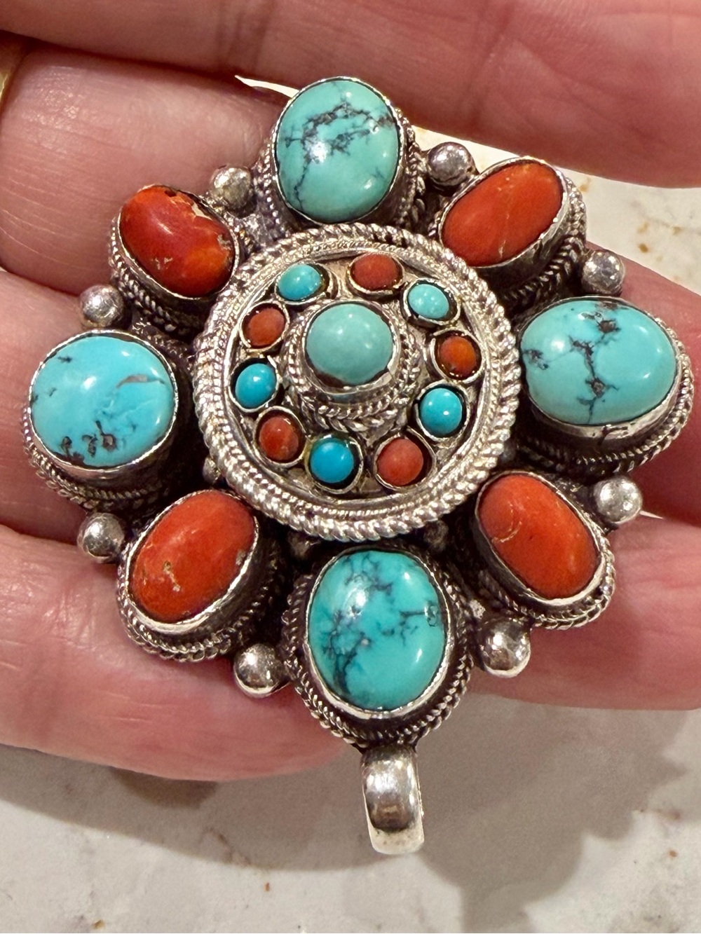 Statement Vintage Sterling Silver Medallion, Turquoise & Coral Cluster Pendant